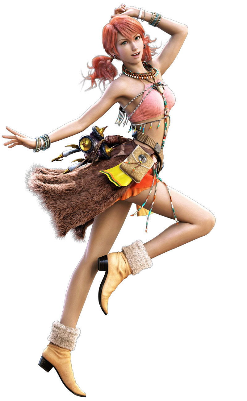 3d armpits bare_shoulders beads belt boots bracelet earrings final_fantasy final_fantasy_xiii full_body fur green_eyes halter_top halterneck highres jewelry midriff miniskirt naora_yusuke necklace oerba_dia_vanille official_art pink_hair pose red_hair short_twintails simple_background skirt smile solo tank_top twintails