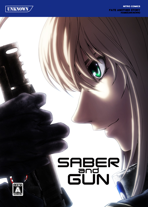 artoria_pendragon_(all) blonde_hair cover cover_page face fate/stay_night fate_(series) gloves green_eyes gun imizu_(nitro_unknown) profile saber solo upper_body weapon