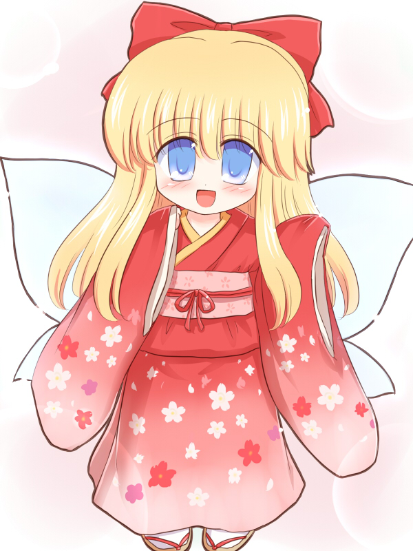 blonde_hair doll japanese_clothes kimono long_hair oversized_clothes ribbon ry shanghai_doll solo touhou wings
