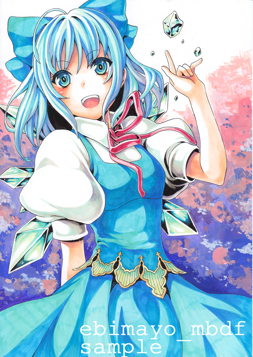 artist_name bad_id bad_pixiv_id blue_eyes blue_hair bow cirno dress ebimayo_mbdf hair_bow highres ice ice_wings looking_at_viewer open_mouth ribbon sample short_hair solo touhou traditional_media wings