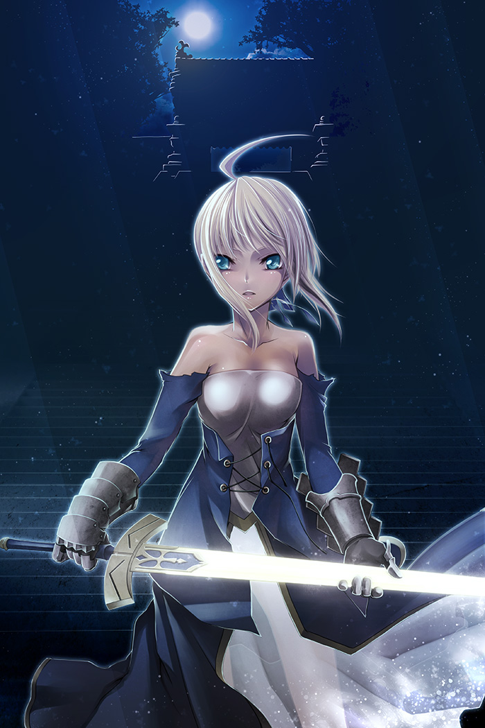 ahoge artoria_pendragon_(all) bare_shoulders blonde_hair dress excalibur fate/stay_night fate_(series) full_moon gauntlets green_eyes moon saber solo sword torn_clothes torn_dress uraomote weapon