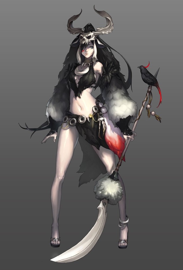 anklet bad_id bad_pixiv_id bird black_eyes breasts cleavage detached_sleeves facial_mark feathers gio_(maroon0924) hair_over_one_eye jewelry long_hair midriff multicolored_hair navel necklace original pale_skin polearm sandals simple_background skirt skull small_breasts solo spear weapon