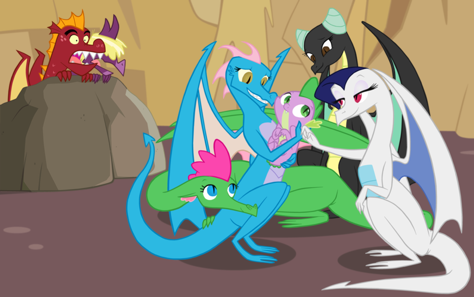 blue_eyes brown_eyes canyon cat_eyes dragon fangs female friendship_is_magic garble_(mlp) green_eyes group holding horn male my_little_pony queencold red_eyes rock sharp_teeth slit_pupils spear_(mlp) spike_(mlp) surprise teeth wings