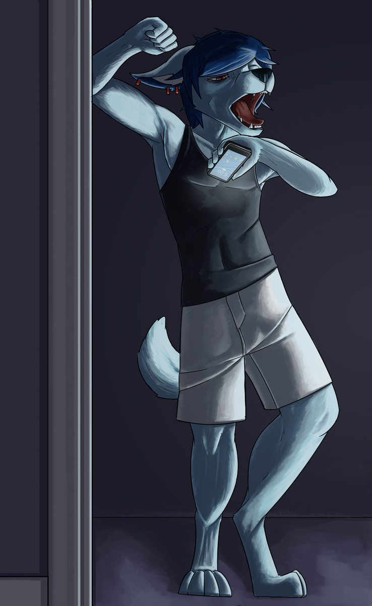 anthro blue_fur canine cellphone clothed clothing dark digitigrade dog fur hair leaning male mammal open_mouth phone piercing schitzofox simple_background solo yawn