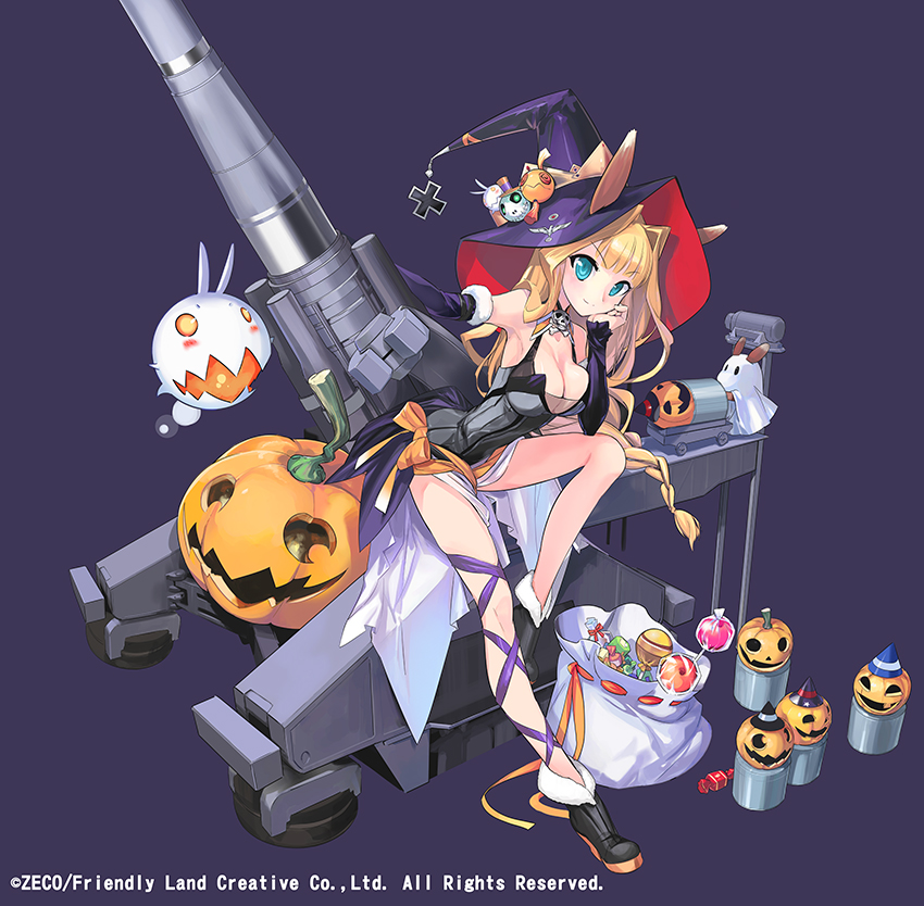 aa_gun aqua_eyes artillery bare_shoulders blonde_hair boots braid breasts candy cleavage detached_collar food fur_trim ghost girl_arms hair_intakes hat jack-o'-lantern large_breasts leg_up long_hair original personification purple_background railway_gun sack schwerer_gustav shell simple_background solo witch_hat zeco