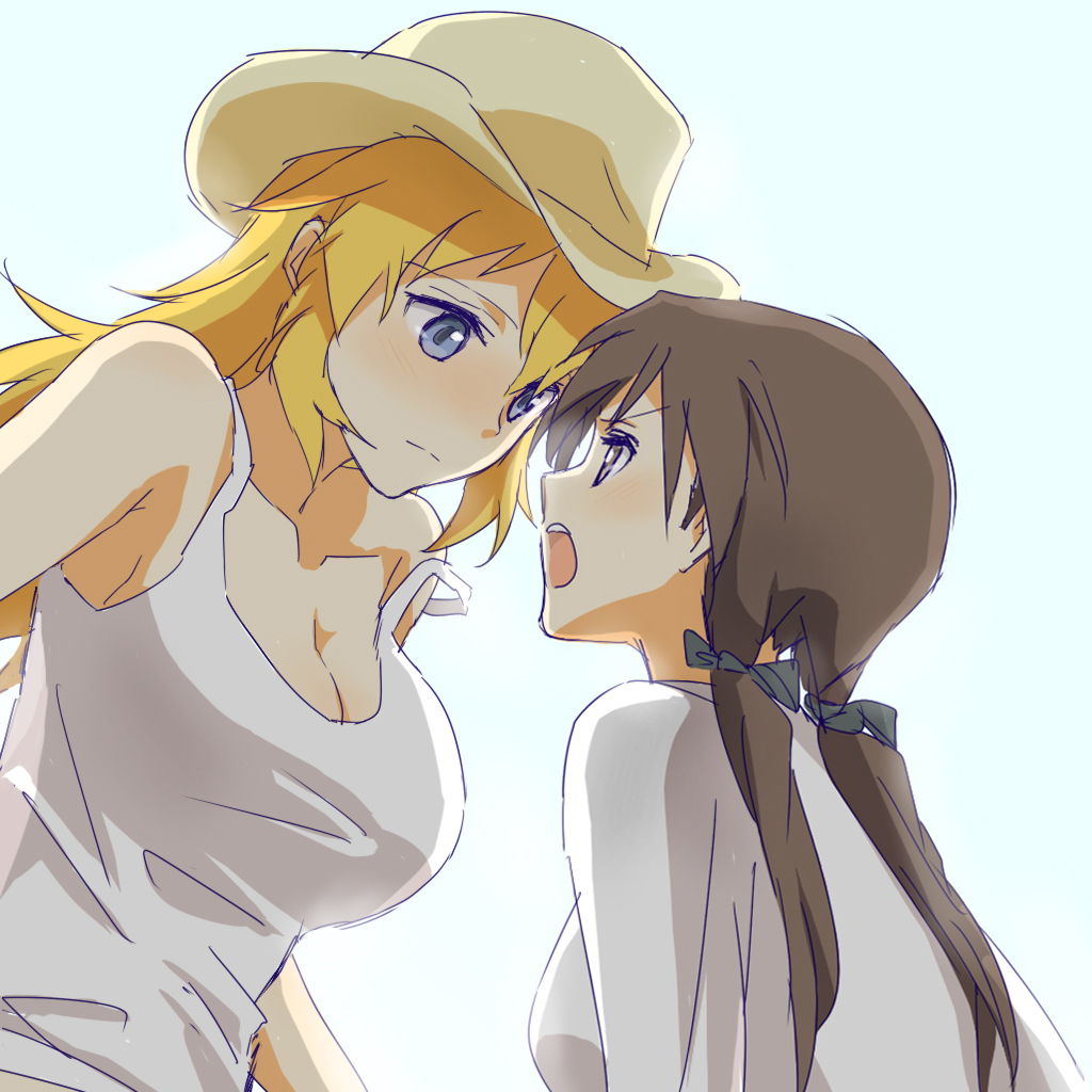 angry bad_id bad_pixiv_id blonde_hair blush brown_eyes brown_hair charlotte_e_yeager eye_contact gertrud_barkhorn hat height_difference kisetsu long_hair looking_at_another multiple_girls open_mouth shirt shouting simple_background smile strap_slip strike_witches tank_top twintails white_background world_witches_series