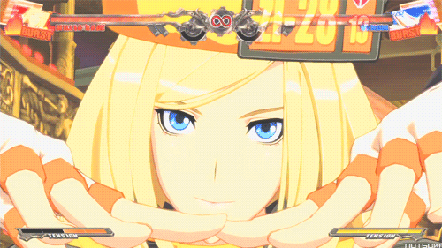 3d animated animated_gif arc_system_works blonde_hair blue_eyes bouncing_breasts breasts fire guilty_gear guilty_gear_xrd millia_rage