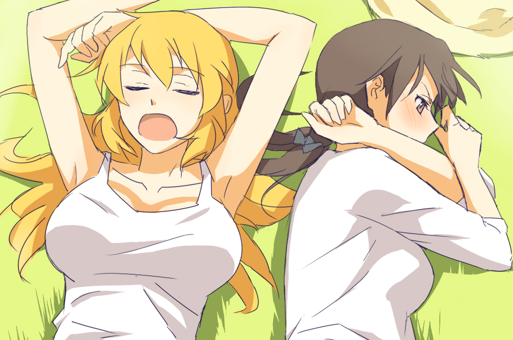 bad_id bad_pixiv_id blush brown_eyes brown_hair charlotte_e_yeager covering_mouth gertrud_barkhorn grass hat kisetsu long_hair looking_at_another lying multiple_girls on_back open_mouth shirt sleeping strike_witches tank_top world_witches_series