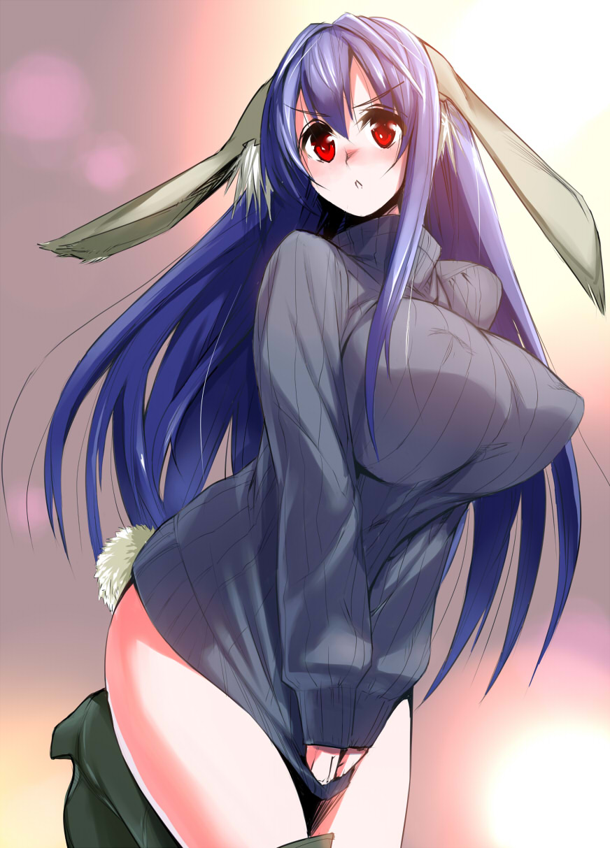 animal_ears black_legwear blush boots breasts bunny_ears bunny_tail clothes_tug gen_(black_factory) highres huge_breasts long_hair naked_sweater open_mouth original purple_hair red_eyes ribbed_sweater simple_background solo sweater sweater_tug tail thigh_boots thighhighs