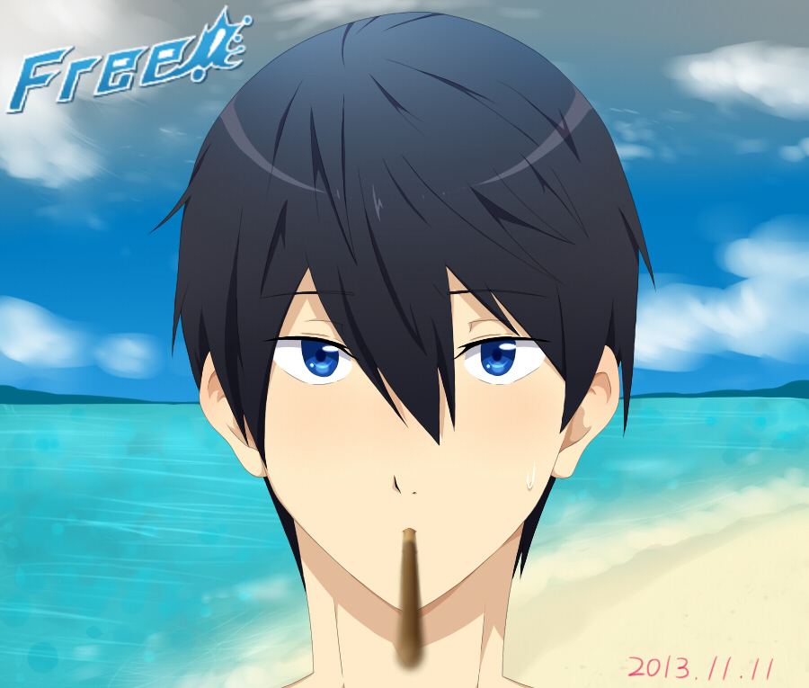 bad_id bad_pixiv_id beach black_hair blue_eyes copyright_name day food free! incoming_kiss male_focus nanase_haruka_(free!) pocky pocky_day pocky_kiss shared_food solo water
