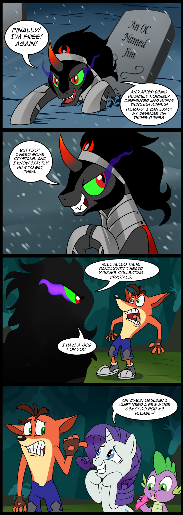 bandicoot black_hair blue_eyes clothing comic crash_bandicoot crash_bandicoot_(series) crown cutie_mark dialog dragon english_text equine eye_mist fangs female feral forest friendship_is_magic frown fur gem gloves green_eyes hair horn horse king_sombra_(mlp) long_hair madmax male mammal marsupial mattx16 my_little_pony open_mouth pony purple_hair rarity_(mlp) red_eyes smile snow spike_(mlp) standing teeth text tombstone tongue tree unicorn video_games white_fur