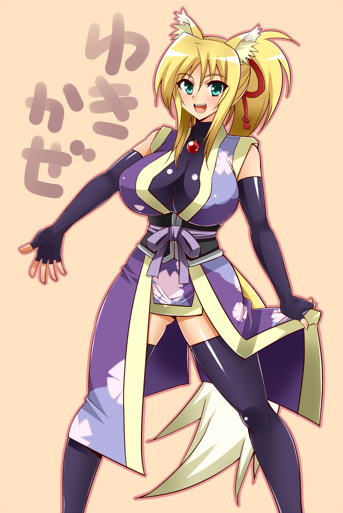 1girl animal_ears bare_shoulders blonde_hair blue_eyes breasts dog_days elbow_gloves female fingerless_gloves fox_ears fox_tail gabayo gloves huge_breasts legwear long_hair ponytail simple_background solo standing tail thighhighs translated yukikaze_panettone
