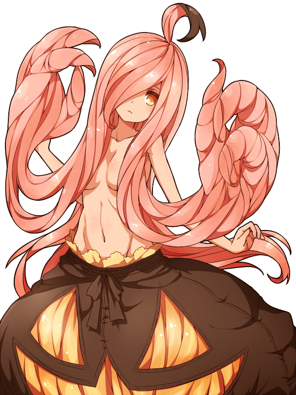 ahoge bad_id bad_pixiv_id breasts brown_hair censored cleavage convenient_censoring gen_6_pokemon gourgeist guwatefu hair_censor hair_over_breasts living_hair long_hair medium_breasts multicolored_hair personification pink_hair pokemon solo topless two-tone_hair very_long_hair white_background yellow_eyes
