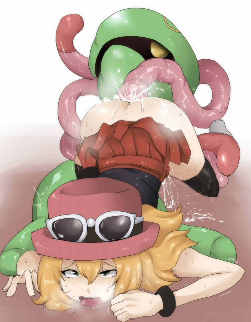1girl ahegao anthro anthro_on_feral ass ass_up bent_over bestiality blonde_hair blush boy_(artist) boy_(badboy3316) butt clothed clothed_sex clothing cradily cum cum_inside cum_on_butt drooling eyelashes eyewear female feral flower glasses green_eyes hair half-dressed hat headgear hi_res highres human interspecies long_hair looking_up lying male mammal nintendo no_panties on_front penetration plain_background plant pok&#233;mon pok&#233;philia pok&eacute;mon pok&eacute;philia pokemon pokemon_(game) pokemon_xy saliva serena serena_(pokemon) sex shadow shiny skirt skirt_lift straight sunglasses sweat teeth tentacle tentacles thighhighs video_games white_background wristband yellow_eyes