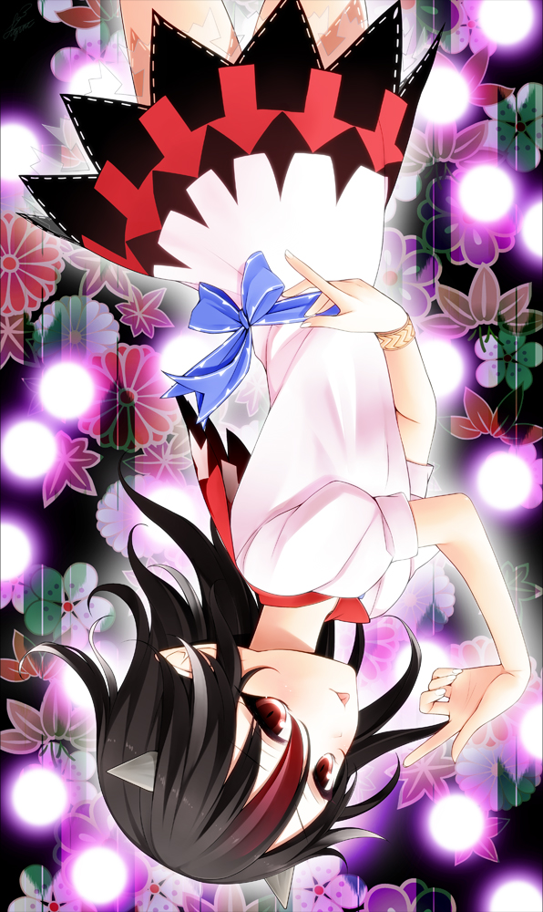 black_hair bow danmaku floral_background horns kijin_seija multicolored_hair red_eyes revision shirt suzume_miku tongue tongue_out touhou upside-down