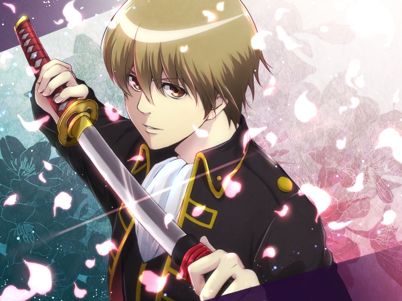 brown_eyes brown_hair gintama katana male_focus okita_sougo petals shiroyasha solo sword uniform weapon