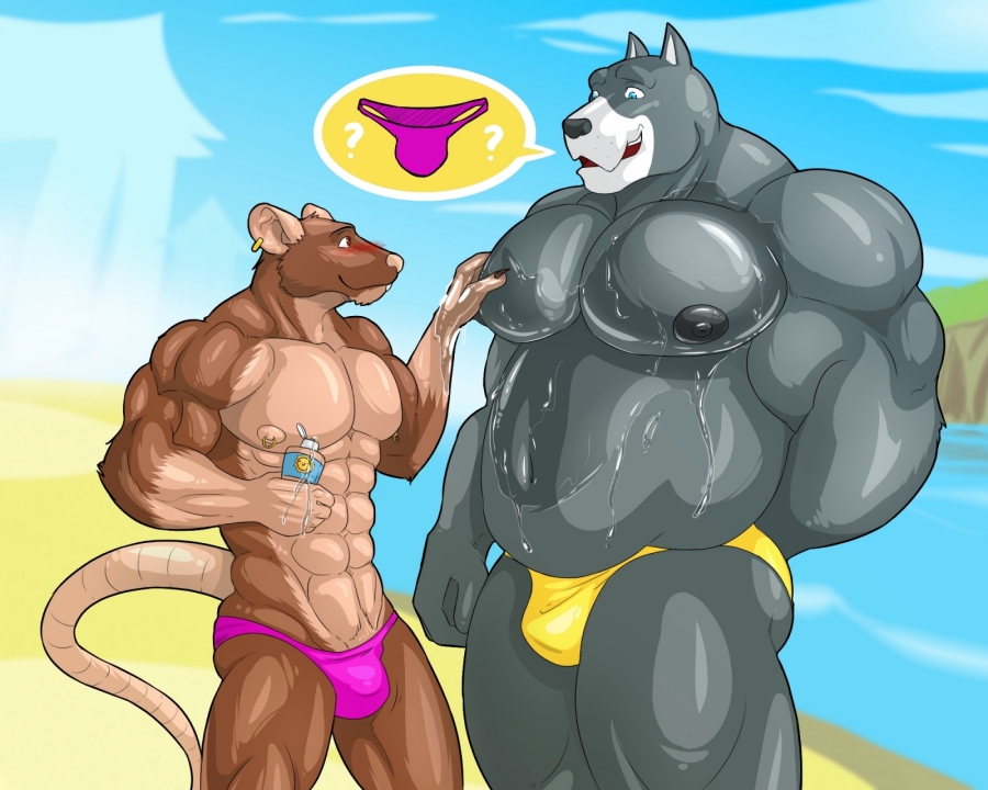 ? abs anthro beach biceps big_muscles black_nipples black_nose blue_eyes blush brown_eyes brown_fur bulge canine chubby claws cloud dog duo ear_piercing fur gay great_dane grey_fur grin hound_(character) interspecies kartos male mammal massage musclegut muscles nipple_piercing nipples oil open_mouth pec_grasp pecs piercing pink_clothing pink_nose pose rat rodent sand sea seaside size_difference sky smile speedo standing swimsuit tan_fur teeth thong tiptoe_(character) toned topless water