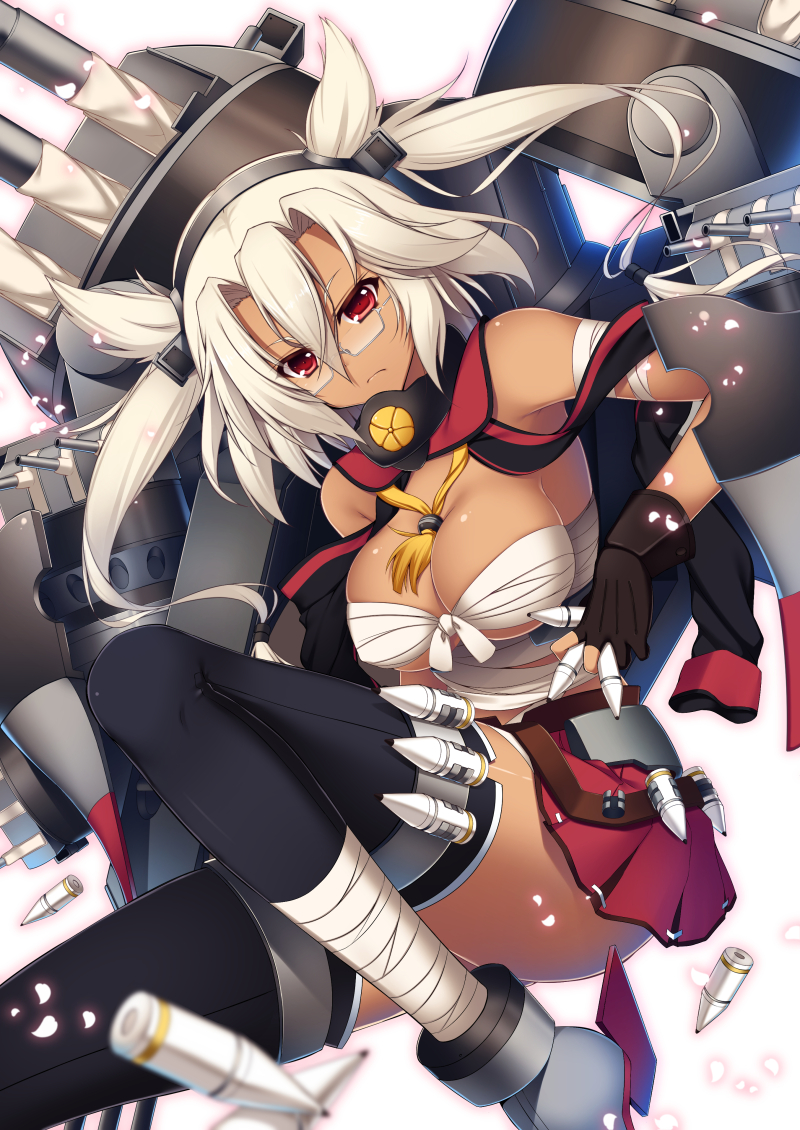 blonde_hair breasts budget_sarashi dark_skin fingerless_gloves glasses gloves hairband kantai_collection large_breasts long_hair looking_at_viewer machinery miniskirt musashi_(kantai_collection) pointy_hair raiou red_eyes sarashi skirt solo thighhighs turret