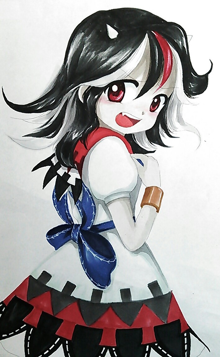 bad_id bad_pixiv_id black_hair bow bracelet dress fang horns jewelry kijin_seija multicolored_hair official_style oota_jun'ya_(style) open_mouth parody red_eyes short_hair short_sleeves shu_(loveeater) style_parody touhou