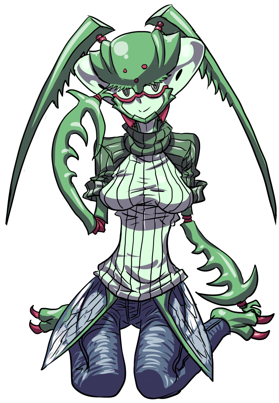antennae breasts brown_eyes claws glasses green_skin highres insect_girl insect_wings jingai_musume low_wings matsuda_yuusuke medium_breasts monster_girl pants praying_mantis red-framed_eyewear ribbed_sweater sitting sleeves_rolled_up smile solo sweater wariza white_background wings yuusha_to_maou