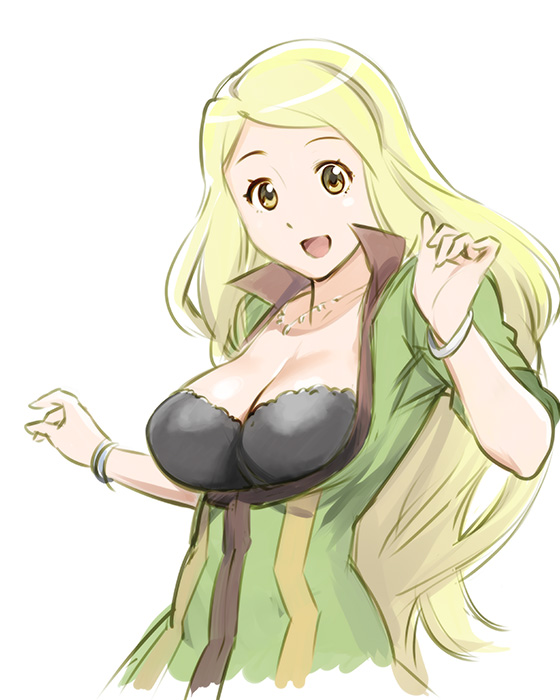 :d blonde_hair bracelet breasts cleavage jewelry large_breasts log_horizon long_hair marielle_(log_horizon) necklace open_mouth simple_background smile solo ueyama_michirou white_background yellow_eyes
