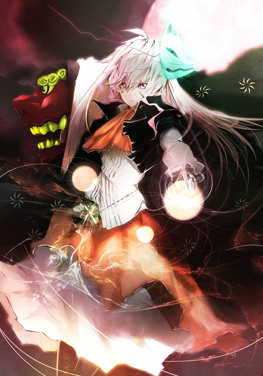 alternate_costume ascot bad_id bad_pixiv_id boots cross-laced_footwear dress_shirt energy_ball expressionless fox_mask full_moon hata_no_kokoro highres layered_skirt light_trail long_hair long_sleeves looking_at_viewer mask moon multicolored multicolored_background okakingyo pink_eyes pink_hair red_moon shirt shishimai solo touhou vest