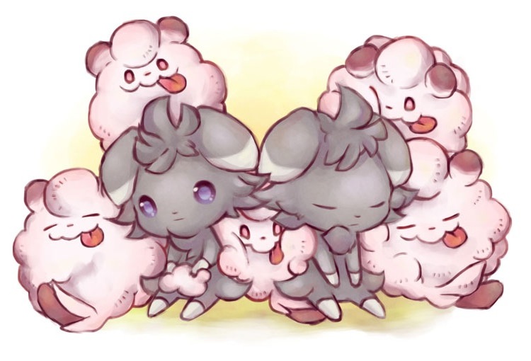 artist_request character_request espurr eyes_closed group nintendo no_humans plain_background pok&#233;mon pokemon pokemon_(game) pokemon_xy purple_eyes red_eyes swirlix tongue tongue_out video_games white_background