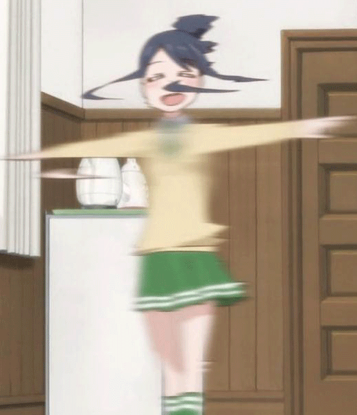 :d animated animated_gif black_hair blue_hair closed_eyes door love_lab maki_natsuo open_mouth pleated_skirt school_uniform screencap skirt smile solo spinning teapot
