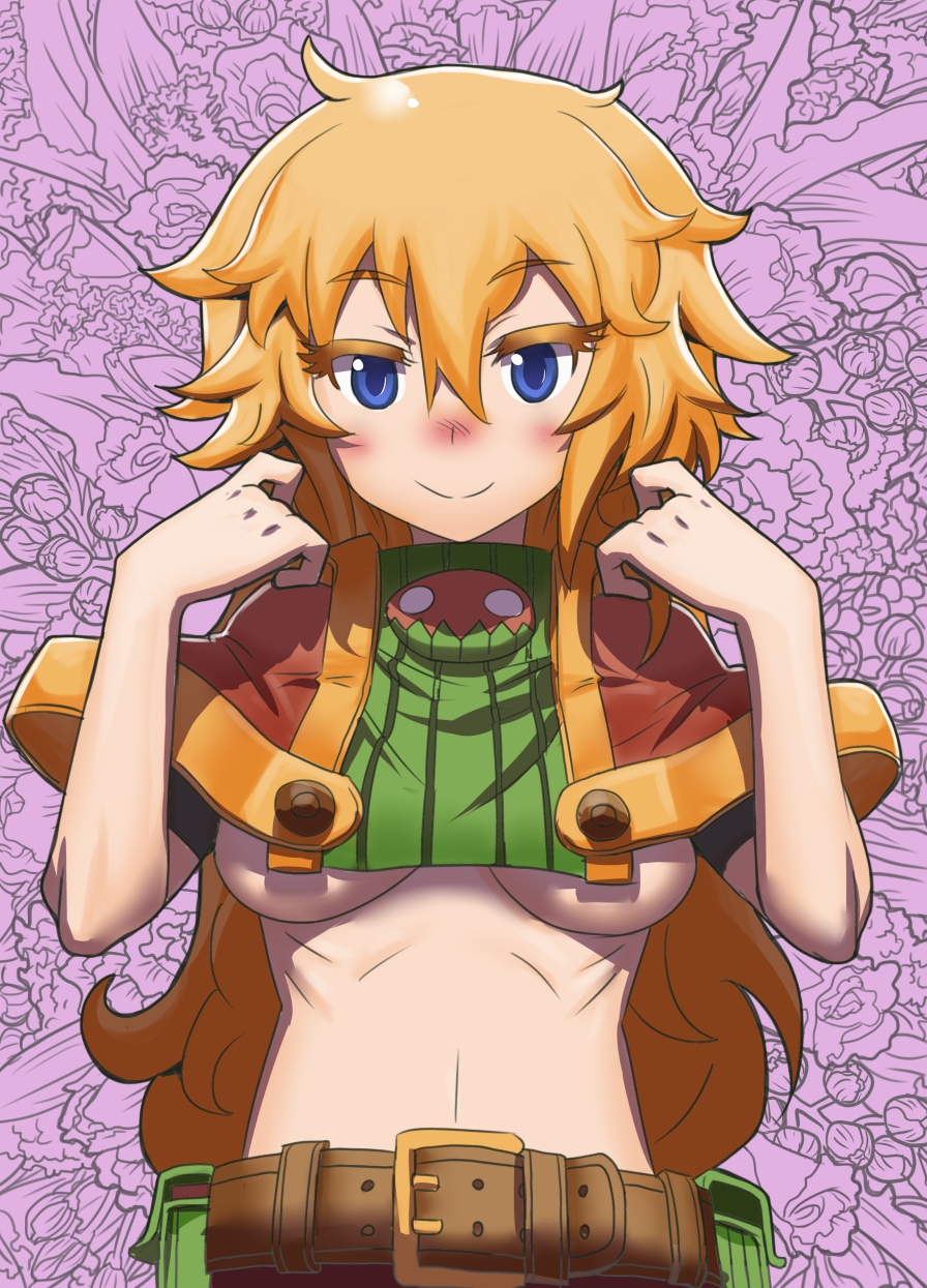belt belt_pouch blonde_hair blue_eyes blush breasts character_request crop_top highres long_hair matsuda_yuusuke medium_breasts midriff pouch solo underboob upper_body