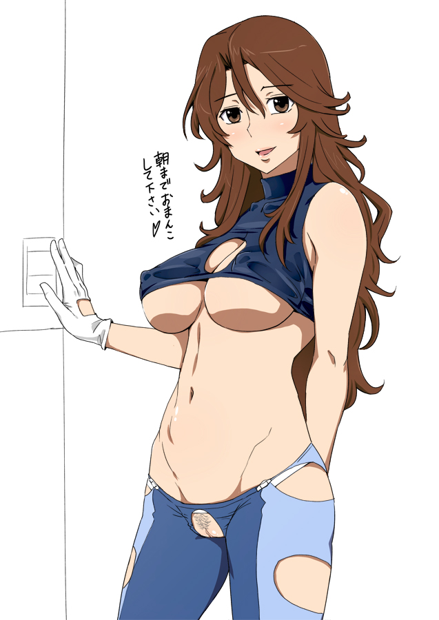 arm_behind_back breasts brown_eyes brown_hair cleavage_cutout covered_nipples crop_top crotchless_clothes gloves groin gundam gundam_00 ichihisa large_breasts long_hair midriff navel pubic_hair pussy smile solo sumeragi_lee_noriega translated underboob white_gloves