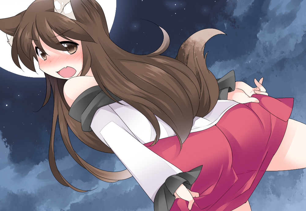 animal_ears ass bare_shoulders blush brooch brown_eyes brown_hair commentary dress fang full_moon hammer_(sunset_beach) imaizumi_kagerou jewelry long_hair long_sleeves looking_at_viewer looking_back moon night night_sky open_mouth red_eyes skirt sky solo tail touhou wide_sleeves wolf_ears wolf_tail