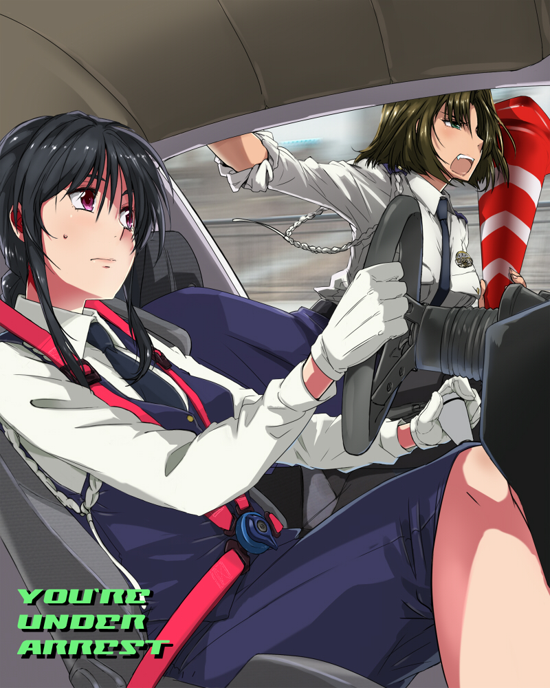 :o aiguillette angry arm_support bangs belt bent_over black_hair braid brown_hair buttons car car_interior collared_shirt copyright_name dress_shirt driving fang from_side gear_shift gloves green_eyes ground_vehicle half-closed_eyes holding kobayakawa_miyuki long_hair looking_at_another looking_to_the_side maabou motion_blur motor_vehicle multiple_girls necktie open_mouth pencil_skirt police police_uniform policewoman profile purple_eyes right-hand_drive seatbelt shirt short_hair sidelocks single_braid sitting skirt sleeves_rolled_up steering_wheel sweatdrop traffic_cone tsujimoto_natsumi uniform vest white_gloves white_shirt you're_under_arrest