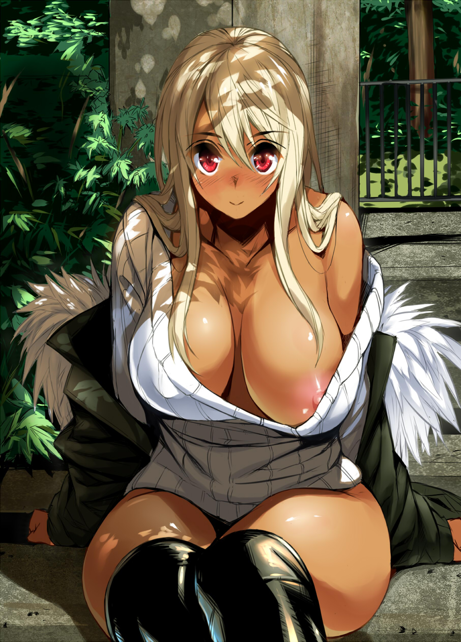 blonde_hair blush boots breasts breasts_outside cleavage dappled_sunlight dark_skin fur_trim gen_(black_factory) highres large_breasts long_hair looking_at_viewer nipple_slip nipples original red_eyes revision shiny sitting smile solo sunlight sweater thigh_boots thighhighs