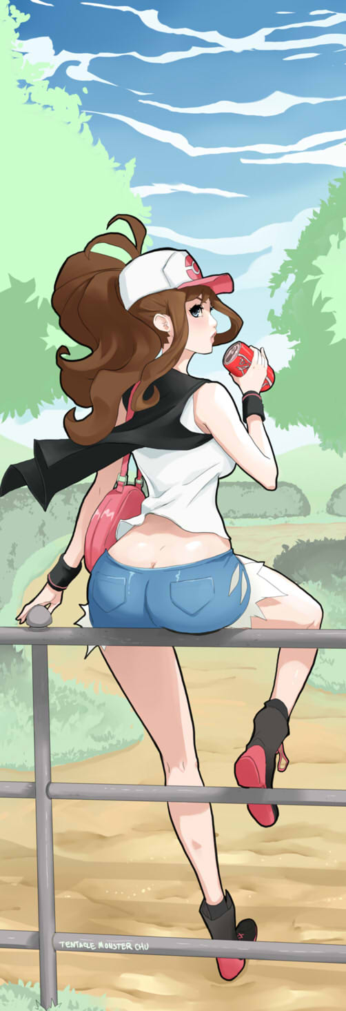 1girl ankle_socks ass bag bare_legs baseball_cap black_jacket blue_eyes blue_sky boots breasts brown_hair bush can cloud coca-cola cutoffs denim denim_shorts drinking female forest from_behind green_eyes handbag hat high_ponytail highres hips jacket kneepits knees large_breasts legs lips long_hair looking_at_viewer looking_back nature nintendo open_clothes open_jacket pokemon pokemon_(game) pokemon_bw ponytail shiny shiny_skin shirt shoes short_shorts shorts shoulder_bag sitting sky sleeveless sleeveless_shirt solo tentacle_monster_chu touko_(pokemon) tree vest way white_shirt wide_hips wristband