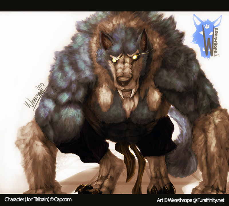 abs barefoot belt biceps big_muscles black_nose blue_fur canine chest_tuft claws clothing crouching darkstalkers fangs fluffy fur gallon glowing glowing_eyes grey_fur jon_talbain looking_at_viewer male mammal muscles pants pecs plain_background pose solo teeth toe_claws toned topless tuft video_games were werethrope werewolf wolf yellow_eyes