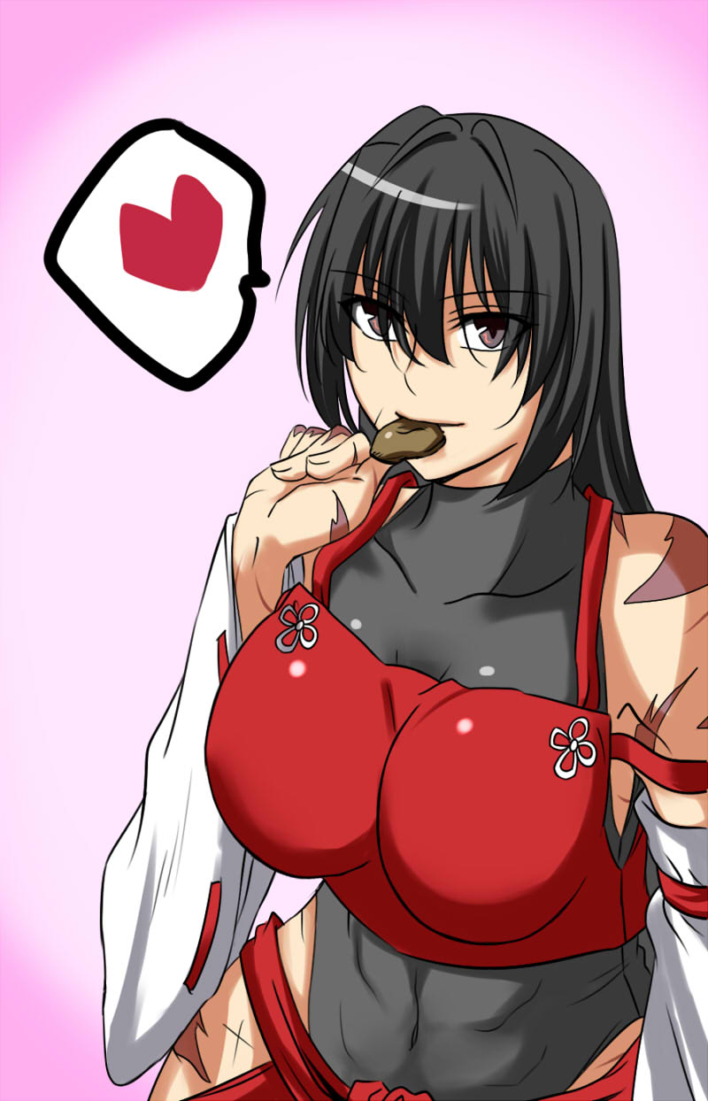 abs black_hair breasts brown_eyes commentary_request cookie covered_navel detached_sleeves food heart highres large_breasts long_hair m.u.g.e.n mouth_hold nontraditional_miko original samuimu scar sendai_hakurei_no_miko simple_background solo spoken_heart touhou