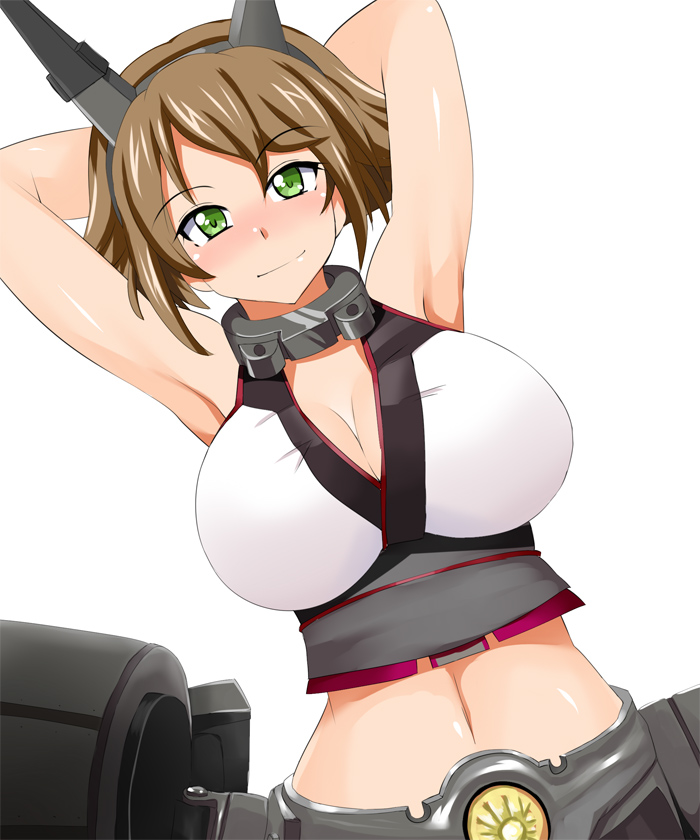 armpits arms_up blush breasts brown_hair cleavage collar green_eyes kantai_collection large_breasts looking_at_viewer midriff mutsu_(kantai_collection) short_hair simple_background smile solo sugamo white_background