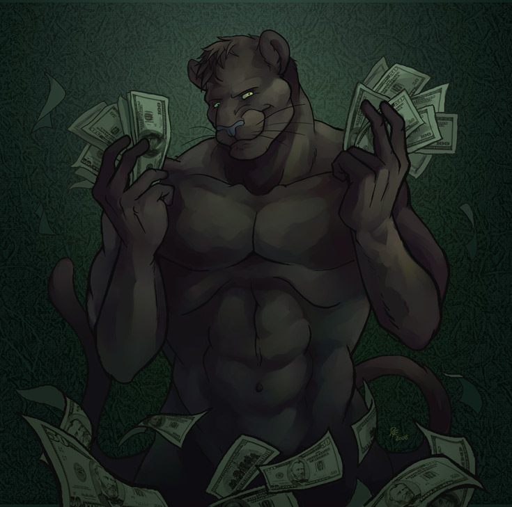 biceps big_muscles black_fur black_hair black_panther blue_eyes bust convenient_censorship darkness feline front fur green_background green_eyes green_theme grin hair looking_at_viewer male mammal money muscles naughty_face nude panther pecs plain_background pose rftigermode smile solo standing toned whiskers