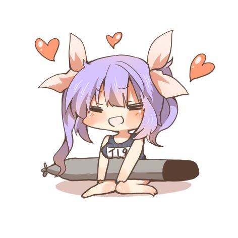 bad_id bad_twitter_id blush chibi closed_eyes heart holding holding_torpedo i-19_(kantai_collection) kantai_collection lowres name_tag open_mouth purple_hair rebecca_(keinelove) ribbon short_hair simple_background smile solo torpedo twintails white_background