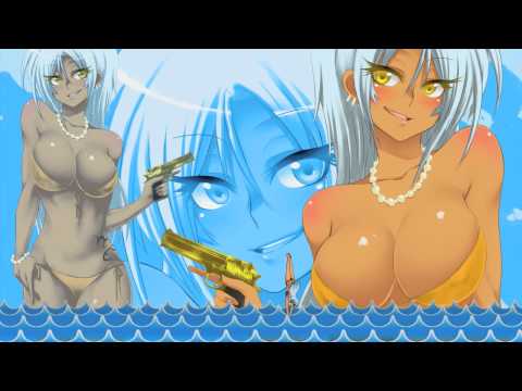 breasts female gun necklace pose ranged_weapon swimsuit tan weapon yellow_eyes