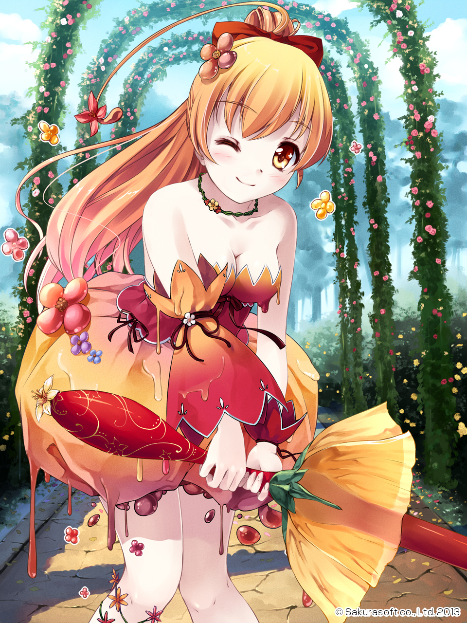 ;) ahoge arch breasts cleavage detached_sleeves dress floral_arch flower goo_girl highres jewelry long_hair medium_breasts melting miyase_mahiro monster_girl necklace one_eye_closed orange_hair red_eyes smile solo sword tenkuu_no_kuni_no_titania weapon