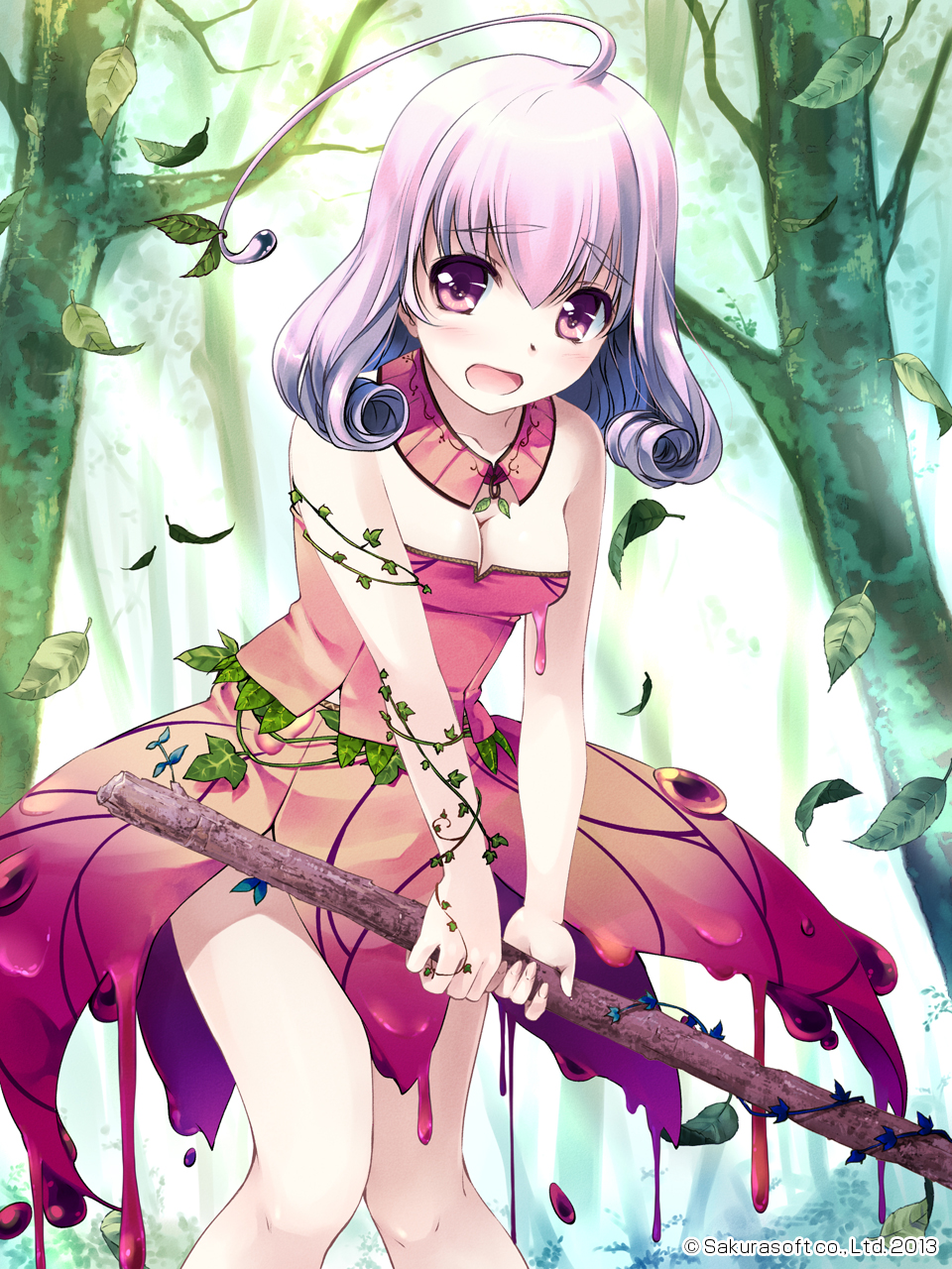 ahoge breasts cleavage curled_up d: dress goo_girl highres jewelry leaf medium_breasts melting miyase_mahiro monster_girl necklace open_mouth plant purple_eyes purple_hair short_hair solo stick tenkuu_no_kuni_no_titania vines