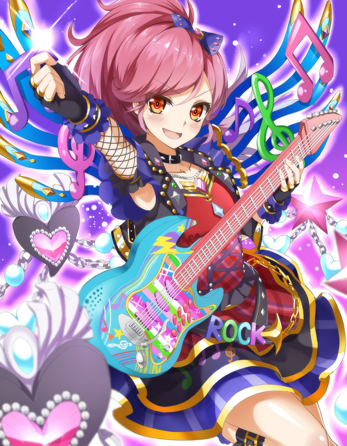 :d aikatsu! aikatsu!_(series) bad_id bad_pixiv_id blush bow collar english fingerless_gloves fishnets gem gloves guitar hair_bow heart heirou instrument jewelry musical_note necklace open_mouth otoshiro_seira plectrum red_eyes red_hair smile solo staff_(music) star v-shaped_eyebrows