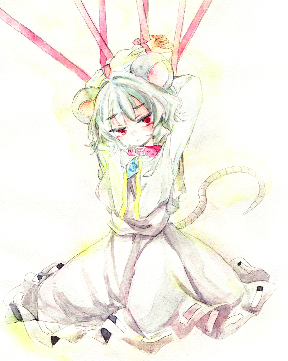 animal_ears arms_up bad_id bad_pixiv_id bdsm bondage bound capelet collar colored_pencil_(medium) dress kuromame_(8gou) long_sleeves looking_at_viewer mouse_ears mouse_tail nazrin red_eyes ribbon silver_hair solo tail touhou traditional_media watercolor_(medium)