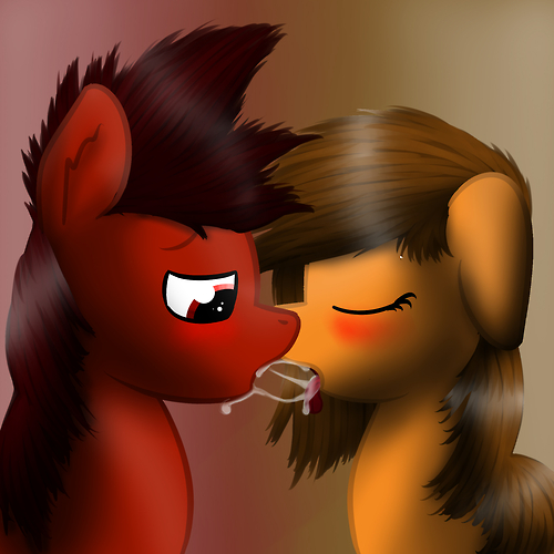 blush brown_fur brown_hair cum cum_in_mouth cum_inside equine eyes_closed female feral fur hair horse kissing male mammal mars_miner marsminer multicolored_background my_little_pony open_mouth original_character pony red_eyes red_fur red_hair snowballing straight tongue tongue_out venus_spring