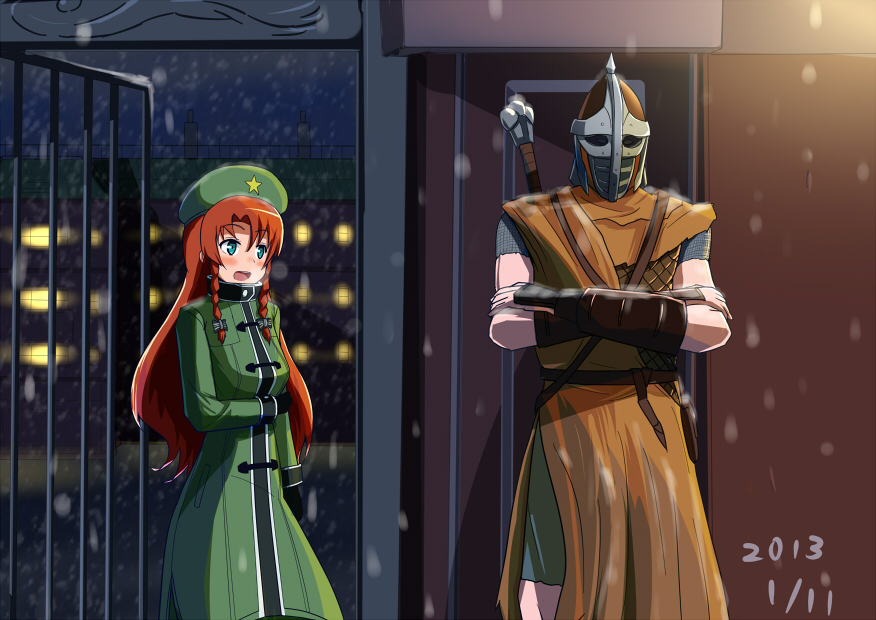 1girl aqua_eyes armor blush bracer braid chainmail chinese_clothes crossed_arms crossover gate guard guard_(skyrim) hat helmet hong_meiling long_coat long_hair long_sleeves open_mouth red_hair snowing standing star suibotuouji the_elder_scrolls the_elder_scrolls_v:_skyrim touhou twin_braids weapon