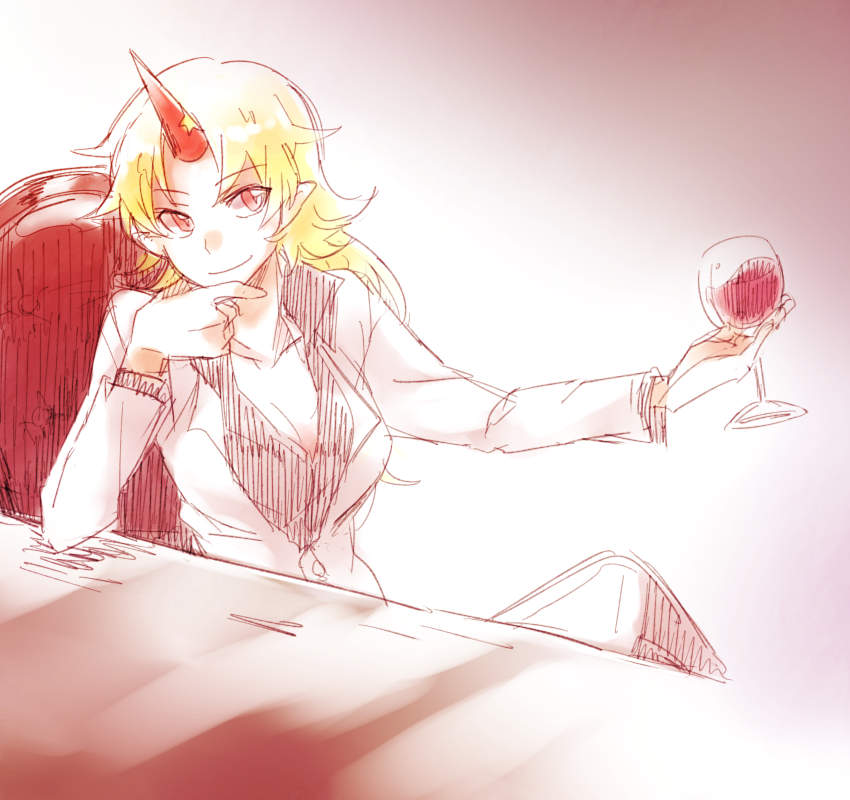 alcohol blonde_hair breasts chair chin_rest cleavage cup drinking_glass formal gradient gradient_background hand_on_own_chin horn hoshiguma_yuugi long_hair long_sleeves medium_breasts pointy_ears red_eyes simple_background sitting six_(fnrptal1010) smile solo star suit table touhou wine wine_glass