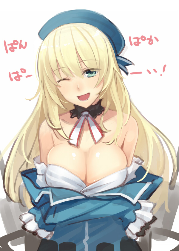 ;d atago_(kantai_collection) bare_shoulders blonde_hair blush breasts cleavage detached_collar green_eyes hat head_tilt kantai_collection large_breasts long_hair looking_at_viewer military military_uniform off_shoulder one_eye_closed open_mouth pan-pa-ka-paaan! prime simple_background sketch smile solo translated uniform white_background