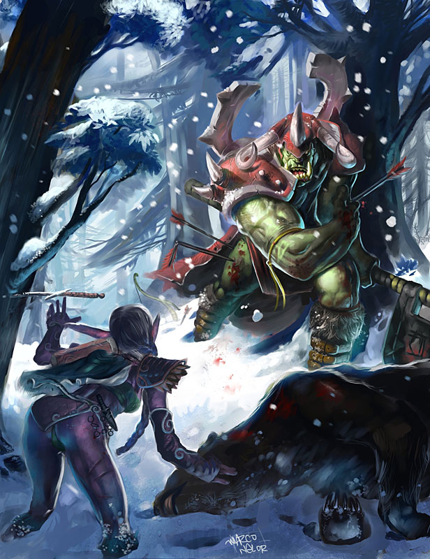 armor arrow artist_request axe bent_over blood from_behind knife night_elf orc pointy_ears snow warcraft warcraft_(series) weapon world_of_warcraft