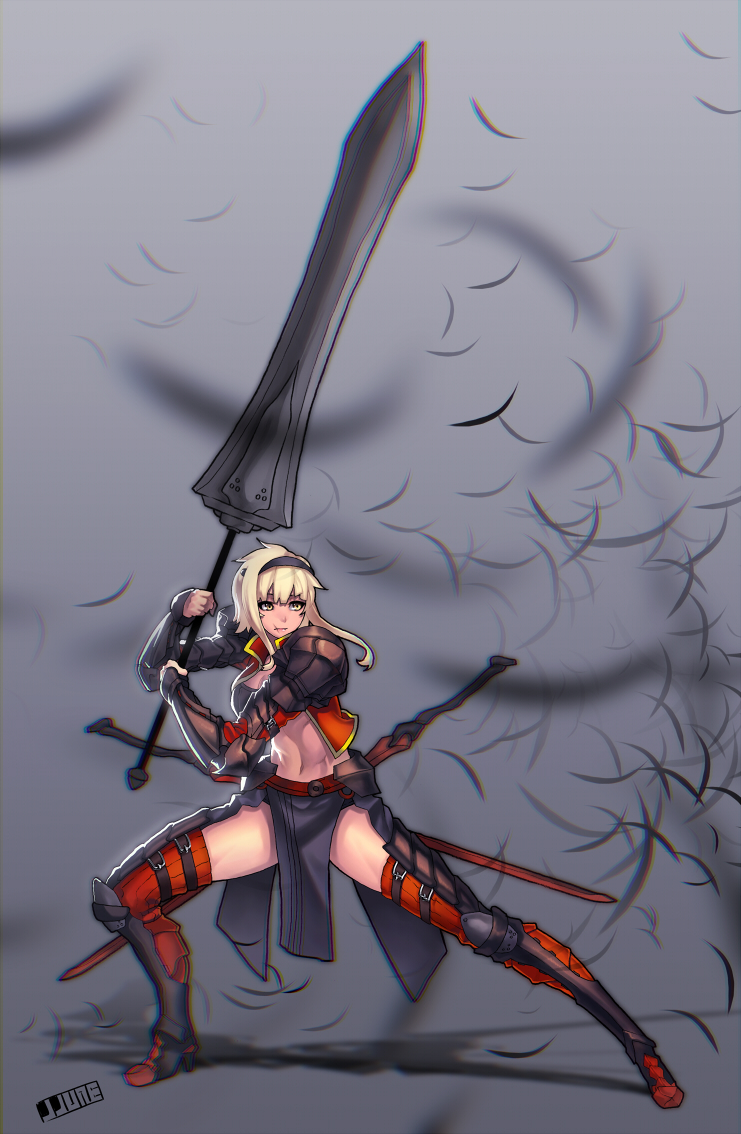 armor bad_id bad_pixiv_id blonde_hair elbow_pads faulds feathers fighting_stance greaves hairband huge_weapon jjune knee_pads loincloth midriff original pauldrons pelvic_curtain red_legwear scar short_hair solo sword thigh_strap thighhighs vambraces vest weapon yellow_eyes